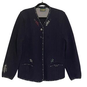 VTG Geiger Collection Austria Women's Wool Knit Jacket Size 40 Blue Embroidered